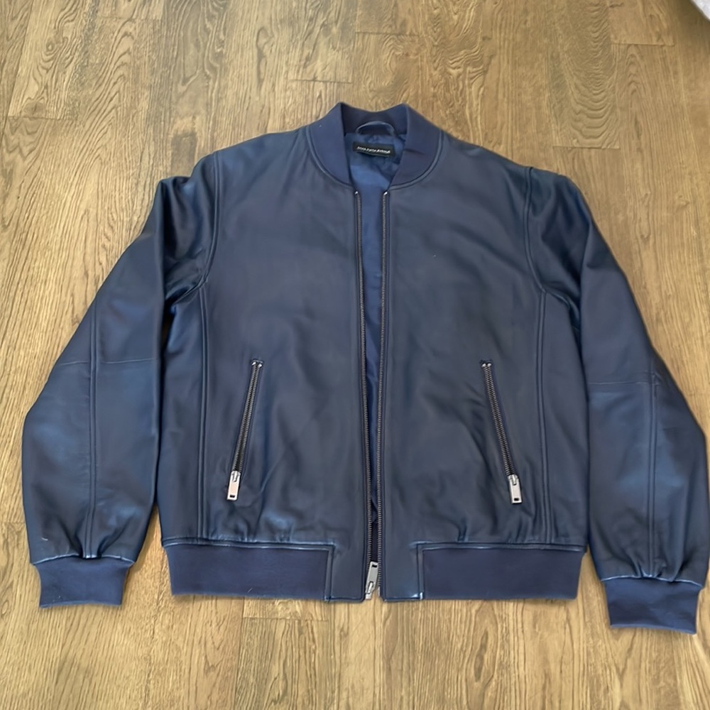 Saks Mens Navy Blue Leather Bomber